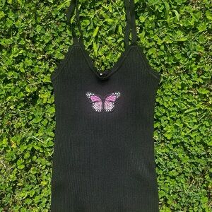 Black Ribbed Top with Pink Butterfly